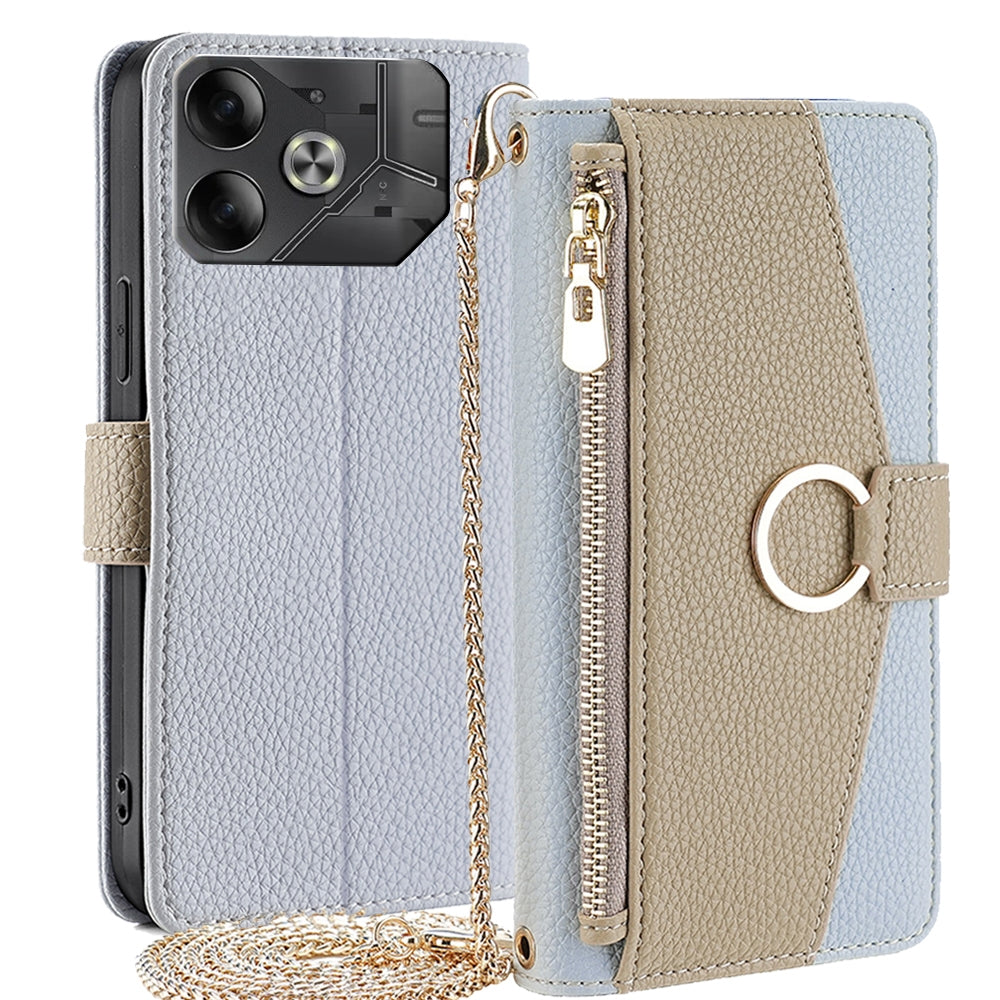 Tecno Pova 6 5G Crossbody Phone Case with Litchi Texture Leather, Adjustable Kickstand, Card Slots, Zipper Purse, Makeup Mirror, and TPU Protection