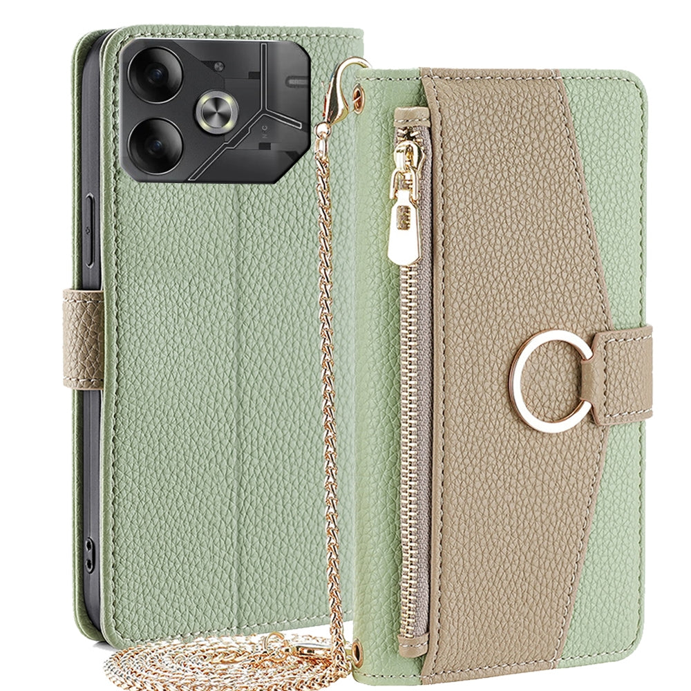 Tecno Pova 6 5G Crossbody Phone Case with Litchi Texture Leather, Adjustable Kickstand, Card Slots, Zipper Purse, Makeup Mirror, and TPU Protection