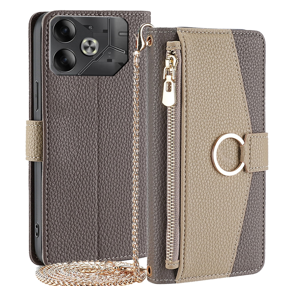 Tecno Pova 6 5G Crossbody Phone Case with Litchi Texture Leather, Adjustable Kickstand, Card Slots, Zipper Purse, Makeup Mirror, and TPU Protection