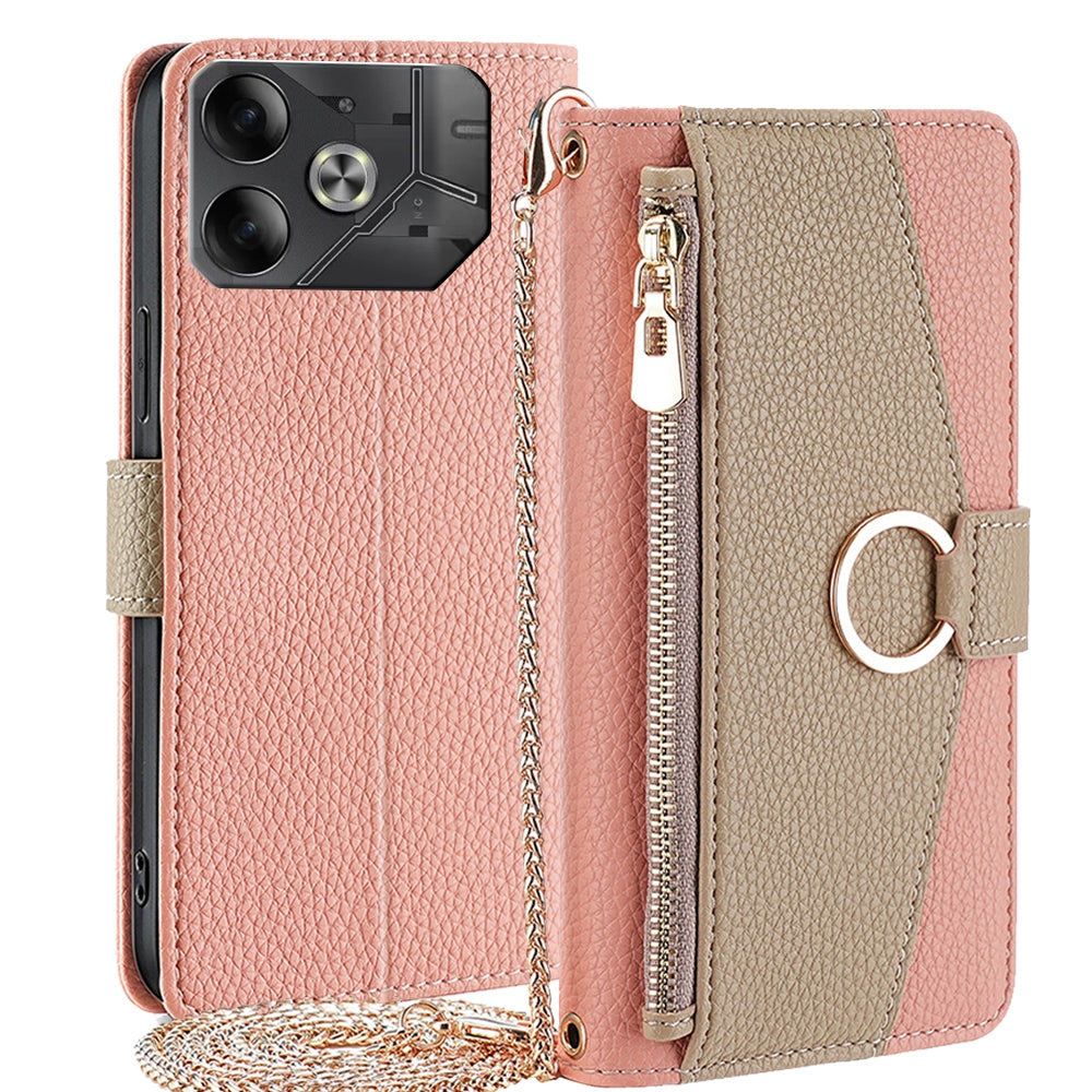 Tecno Pova 6 5G Crossbody Phone Case with Litchi Texture Leather, Adjustable Kickstand, Card Slots, Zipper Purse, Makeup Mirror, and TPU Protection
