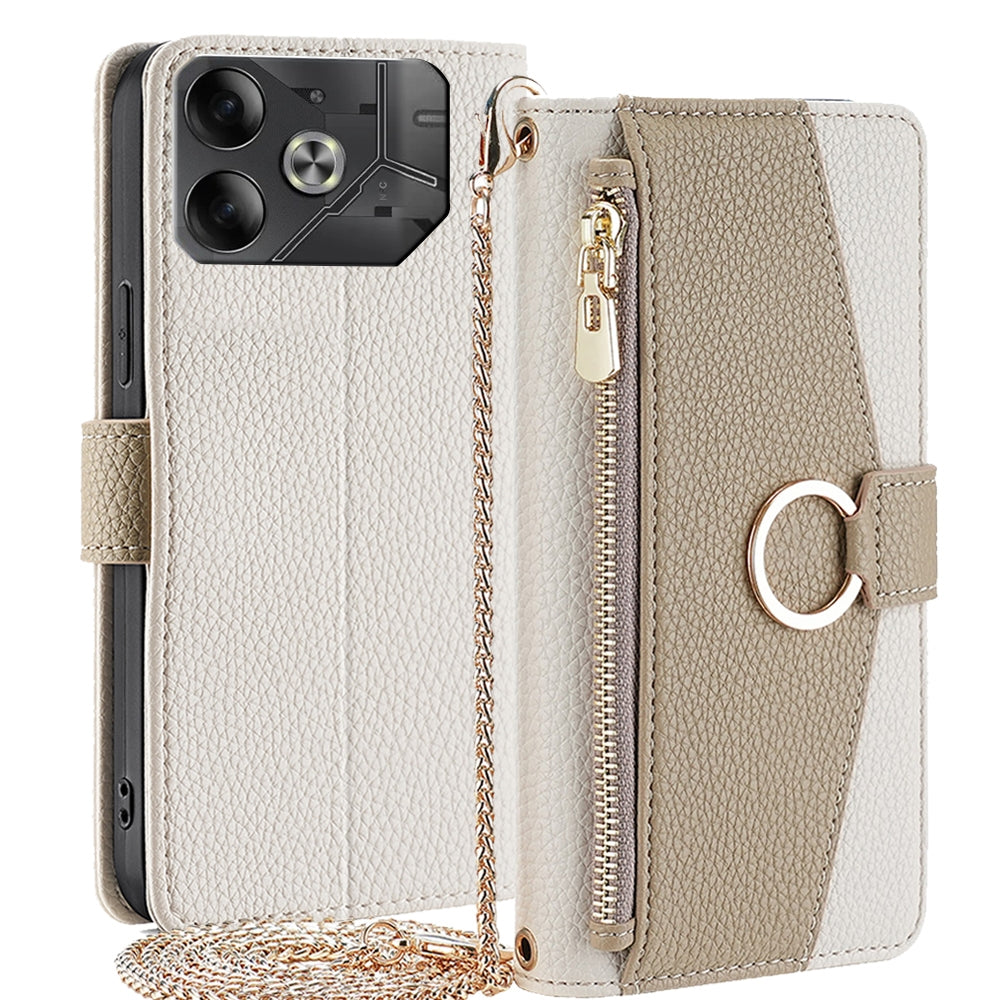 Tecno Pova 6 5G Crossbody Phone Case with Litchi Texture Leather, Adjustable Kickstand, Card Slots, Zipper Purse, Makeup Mirror, and TPU Protection