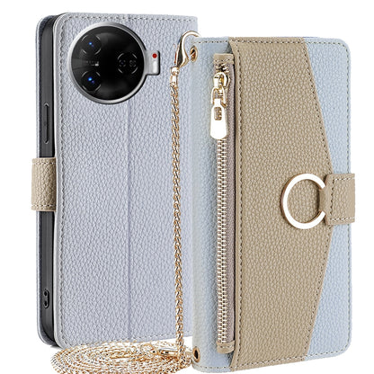 Tecno Camon 30 Pro 5G Crossbody Phone Case with Litchi Texture Leather, Adjustable Kickstand, Card Slots, Zipper Purse, Makeup Mirror, and TPU Protection