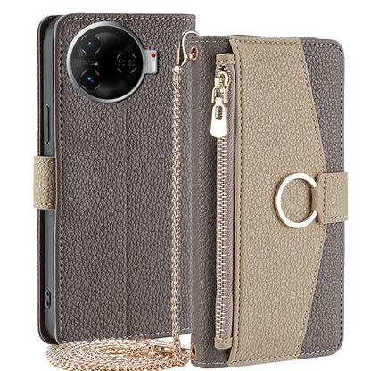 Tecno Camon 30 Pro 5G Crossbody Phone Case with Litchi Texture Leather, Adjustable Kickstand, Card Slots, Zipper Purse, Makeup Mirror, and TPU Protection