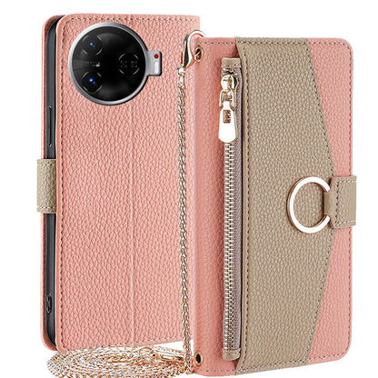 Tecno Camon 30 Pro 5G Crossbody Phone Case with Litchi Texture Leather, Adjustable Kickstand, Card Slots, Zipper Purse, Makeup Mirror, and TPU Protection