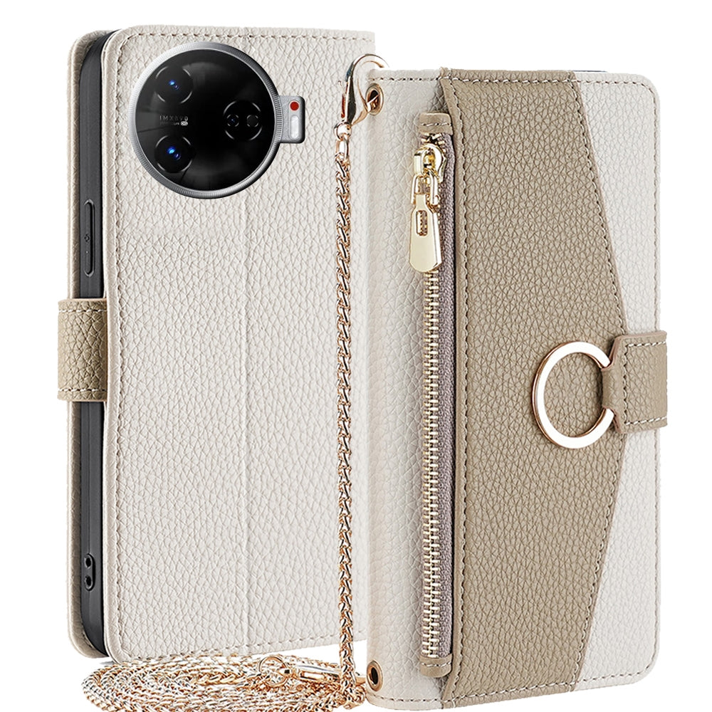 Tecno Camon 30 Pro 5G Crossbody Phone Case with Litchi Texture Leather, Adjustable Kickstand, Card Slots, Zipper Purse, Makeup Mirror, and TPU Protection