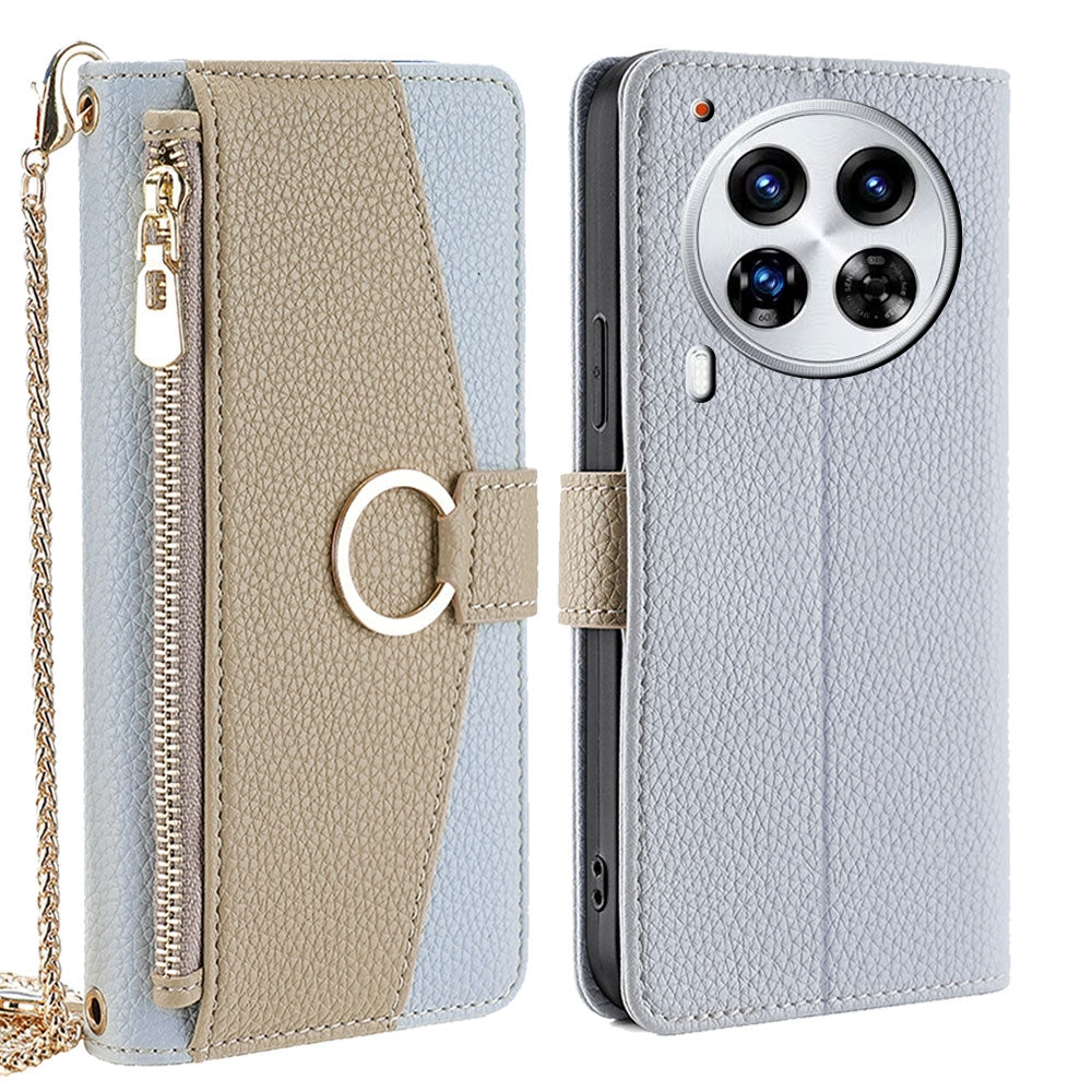 Tecno Camon 30 Premier 5G Crossbody Phone Case with Litchi Texture Leather, Adjustable Kickstand, Card Slots, Zipper Purse, Makeup Mirror, and TPU Protection