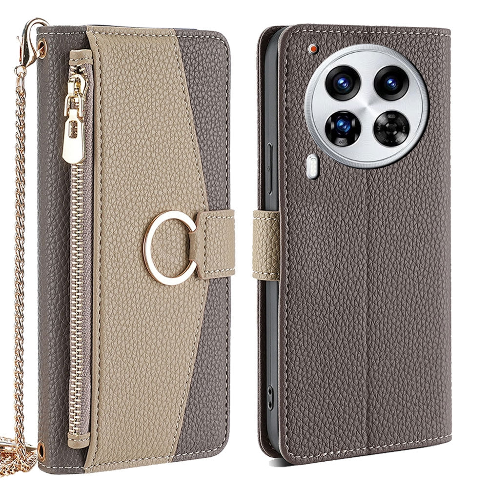 Tecno Camon 30 Premier 5G Crossbody Phone Case with Litchi Texture Leather, Adjustable Kickstand, Card Slots, Zipper Purse, Makeup Mirror, and TPU Protection