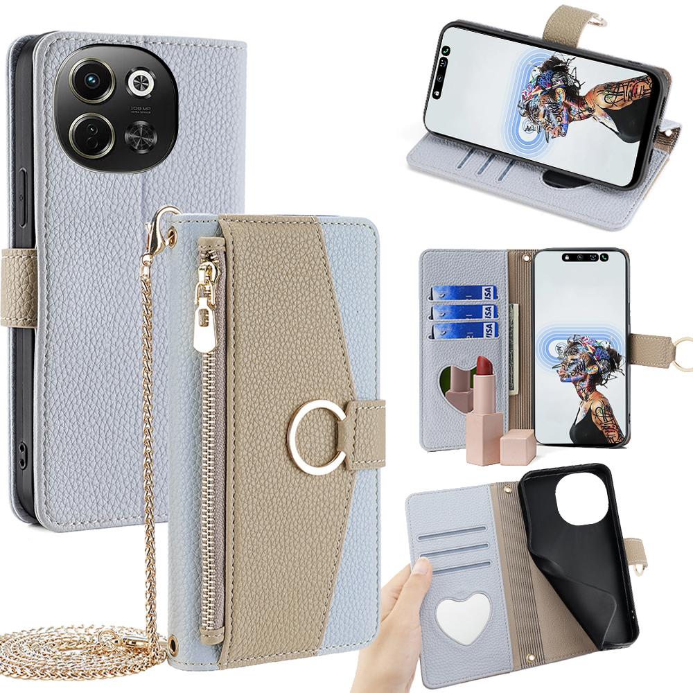 Tecno Pova 6 Neo 5G Crossbody Phone Case with Litchi Texture Leather, Adjustable Kickstand, Card Slots, Zipper Purse, Makeup Mirror, and TPU Protection
