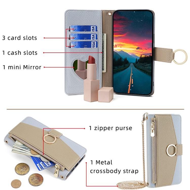 Tecno Pova 6 Neo 5G Crossbody Phone Case with Litchi Texture Leather, Adjustable Kickstand, Card Slots, Zipper Purse, Makeup Mirror, and TPU Protection