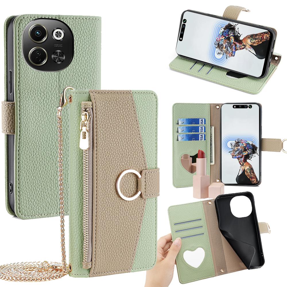 Tecno Spark 30 5G Crossbody Phone Case with Litchi Texture Leather, Adjustable Kickstand, Card Slots, Zipper Purse, Makeup Mirror, and TPU Protection