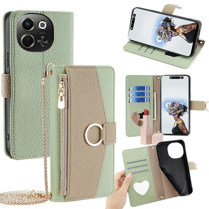 Tecno Spark 30 5G Crossbody Phone Case with Litchi Texture Leather, Adjustable Kickstand, Card Slots, Zipper Purse, Makeup Mirror, and TPU Protection