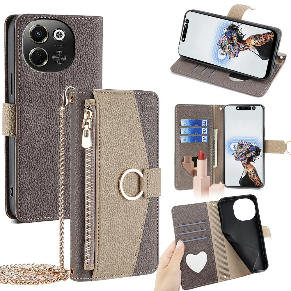 Tecno Pova 6 Neo 5G Crossbody Phone Case with Litchi Texture Leather, Adjustable Kickstand, Card Slots, Zipper Purse, Makeup Mirror, and TPU Protection