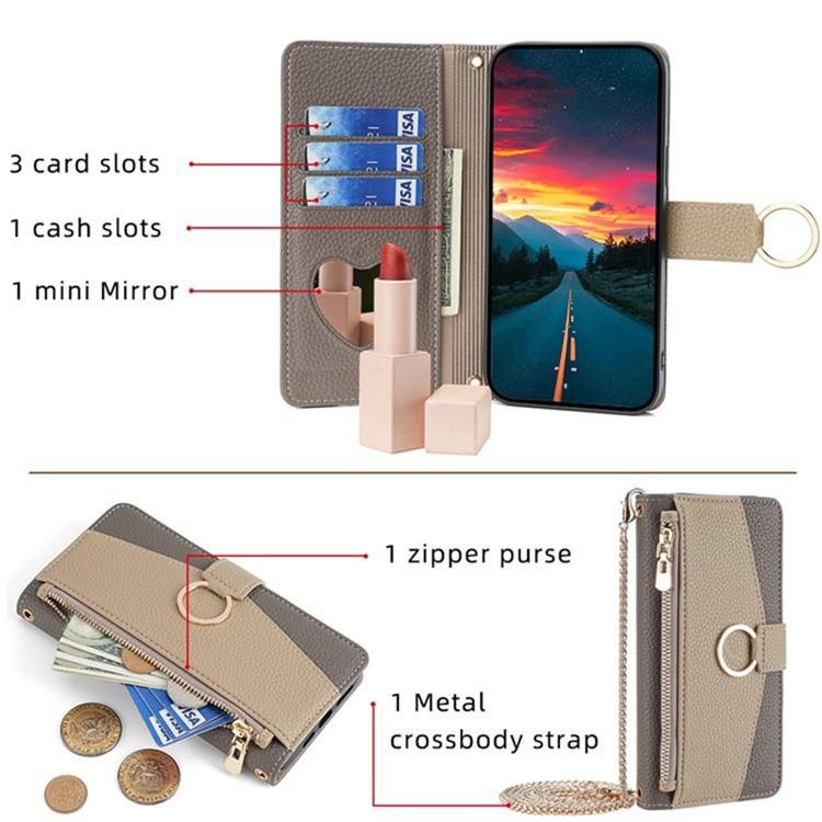 Tecno Spark 30 5G Crossbody Phone Case with Litchi Texture Leather, Adjustable Kickstand, Card Slots, Zipper Purse, Makeup Mirror, and TPU Protection