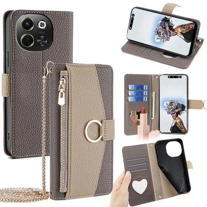 Tecno Spark 30 5G Crossbody Phone Case with Litchi Texture Leather, Adjustable Kickstand, Card Slots, Zipper Purse, Makeup Mirror, and TPU Protection