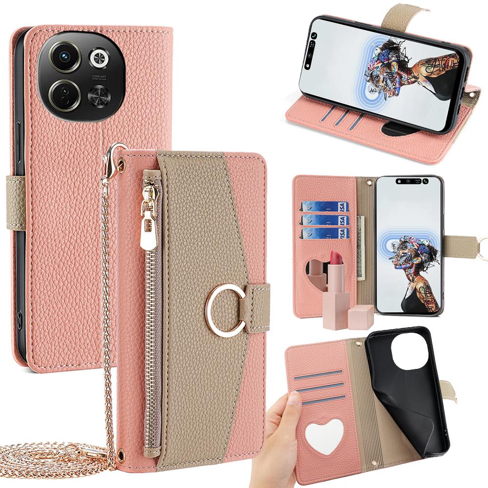 Tecno Pova 6 Neo 5G Crossbody Phone Case with Litchi Texture Leather, Adjustable Kickstand, Card Slots, Zipper Purse, Makeup Mirror, and TPU Protection