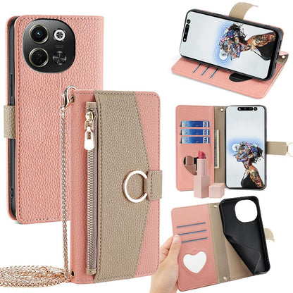 Tecno Spark 30 5G Crossbody Phone Case with Litchi Texture Leather, Adjustable Kickstand, Card Slots, Zipper Purse, Makeup Mirror, and TPU Protection