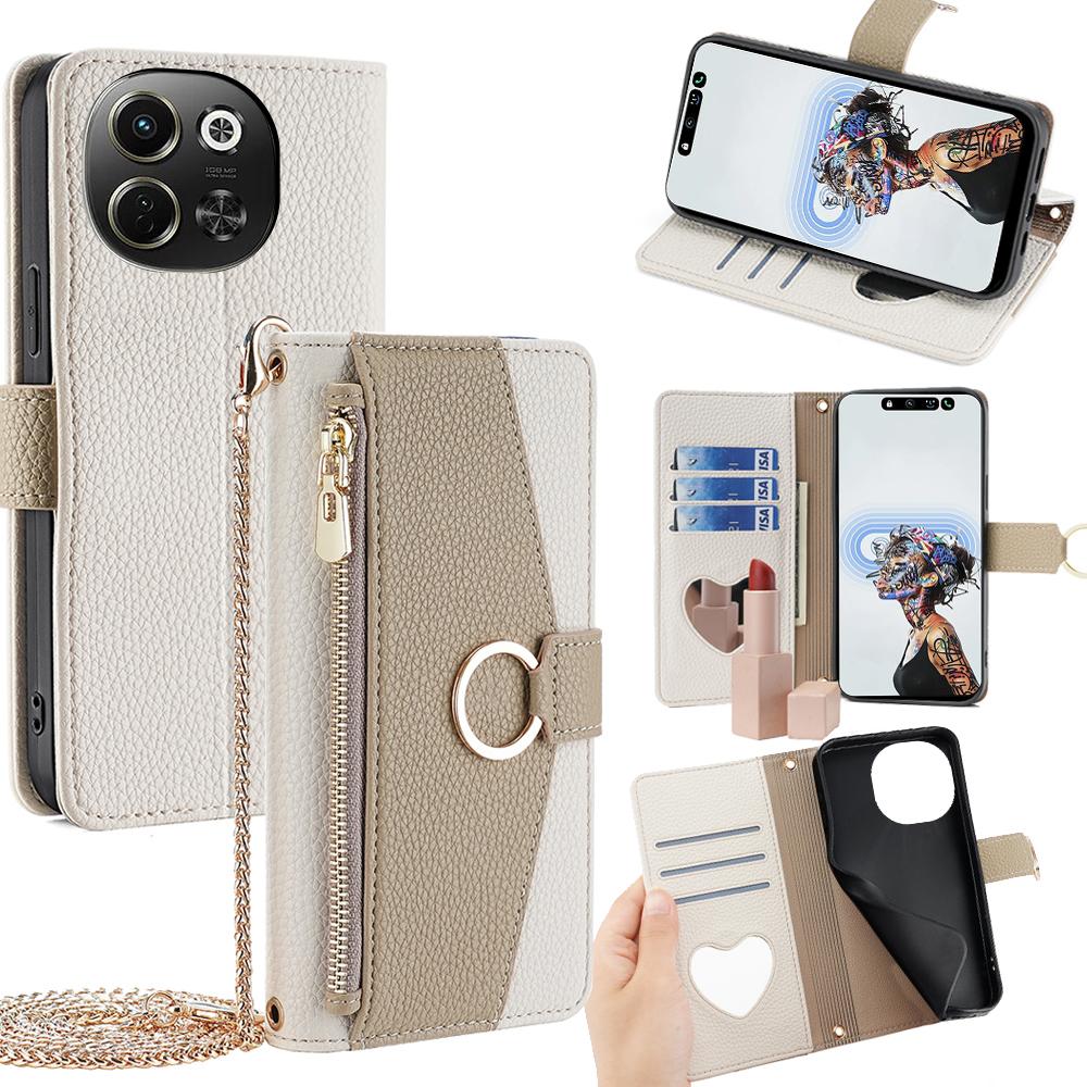 Tecno Pova 6 Neo 5G Crossbody Phone Case with Litchi Texture Leather, Adjustable Kickstand, Card Slots, Zipper Purse, Makeup Mirror, and TPU Protection