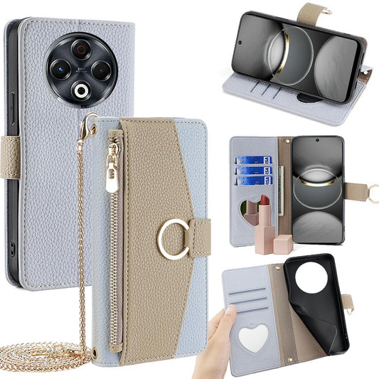 Tecno Spark 30 4G Crossbody Phone Case with Litchi Texture Leather, Adjustable Kickstand, Card Slots, Zipper Purse, Makeup Mirror, and TPU Protection