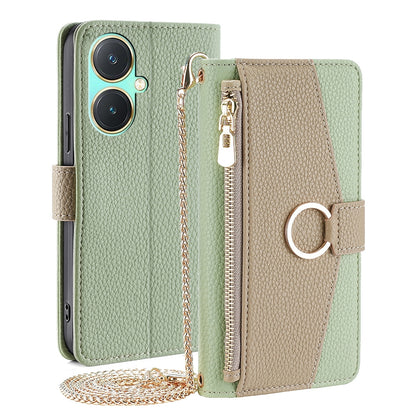 For vivo Y27 4G Crossbody Phone Case with Litchi Texture Leather, Adjustable Kickstand, Card Slots, Zipper Purse, Makeup Mirror, and TPU Protection