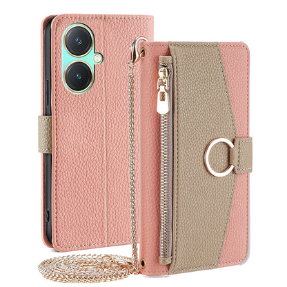 For vivo Y27 4G Crossbody Phone Case with Litchi Texture Leather, Adjustable Kickstand, Card Slots, Zipper Purse, Makeup Mirror, and TPU Protection