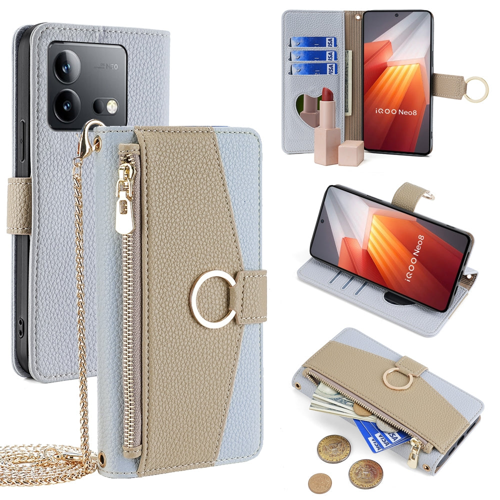 vivo iQOO Neo 8 Pro 5G Crossbody Phone Case with Litchi Texture Leather, Adjustable Kickstand, Card Slots, Zipper Purse, Makeup Mirror, and TPU Protection