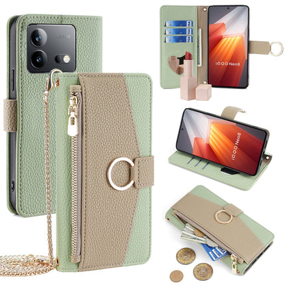 vivo iQOO Neo 8 5G Crossbody Phone Case with Litchi Texture Leather, Adjustable Kickstand, Card Slots, Zipper Purse, Makeup Mirror, and TPU Protection