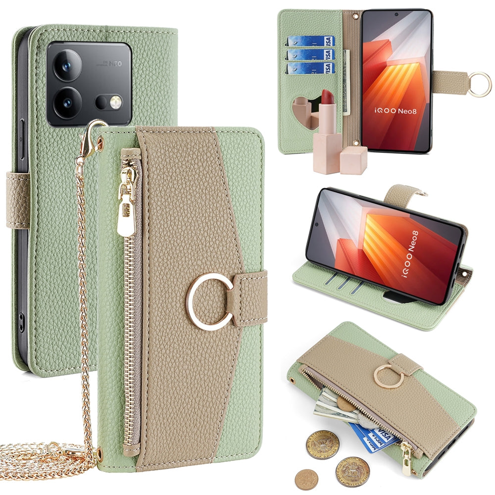 vivo iQOO Neo 8 Pro 5G Crossbody Phone Case with Litchi Texture Leather, Adjustable Kickstand, Card Slots, Zipper Purse, Makeup Mirror, and TPU Protection