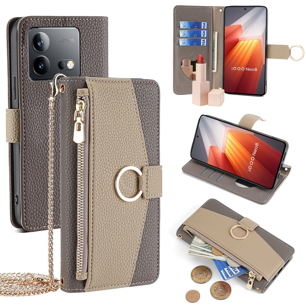 vivo iQOO Neo 8 Pro 5G Crossbody Phone Case with Litchi Texture Leather, Adjustable Kickstand, Card Slots, Zipper Purse, Makeup Mirror, and TPU Protection
