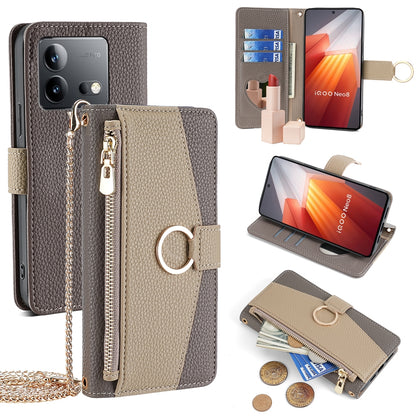 vivo iQOO Neo 8 Pro 5G Crossbody Phone Case with Litchi Texture Leather, Adjustable Kickstand, Card Slots, Zipper Purse, Makeup Mirror, and TPU Protection