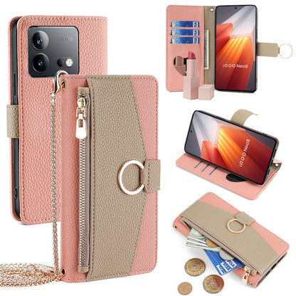 vivo iQOO Neo 8 Pro 5G Crossbody Phone Case with Litchi Texture Leather, Adjustable Kickstand, Card Slots, Zipper Purse, Makeup Mirror, and TPU Protection
