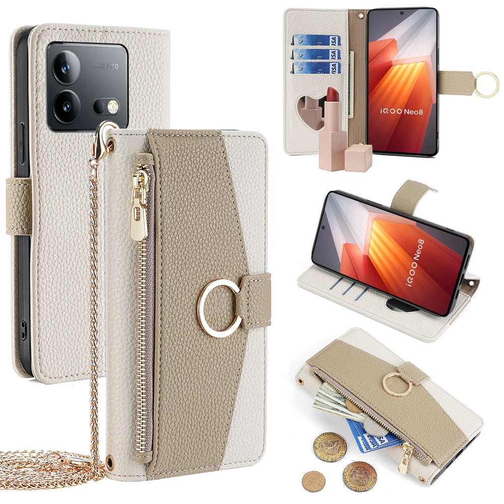 vivo iQOO Neo 8 Pro 5G Crossbody Phone Case with Litchi Texture Leather, Adjustable Kickstand, Card Slots, Zipper Purse, Makeup Mirror, and TPU Protection