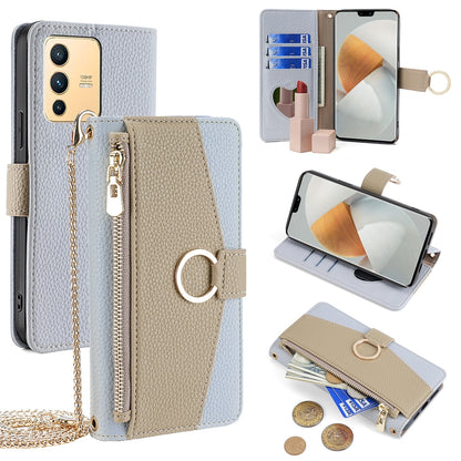 vivo S12 5G Crossbody Phone Case with Litchi Texture Leather, Adjustable Kickstand, Card Slots, Zipper Purse, Makeup Mirror, and TPU Protection