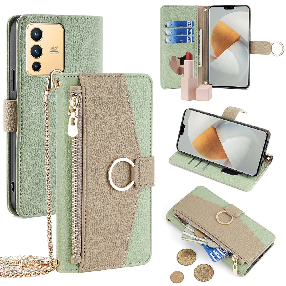 vivo S12 5G Crossbody Phone Case with Litchi Texture Leather, Adjustable Kickstand, Card Slots, Zipper Purse, Makeup Mirror, and TPU Protection