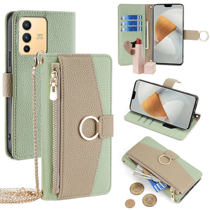 vivo S12 5G Crossbody Phone Case with Litchi Texture Leather, Adjustable Kickstand, Card Slots, Zipper Purse, Makeup Mirror, and TPU Protection