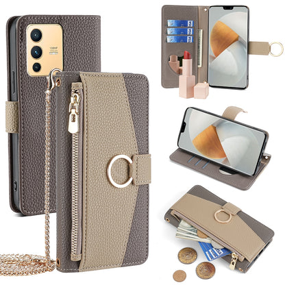 vivo S12 5G Crossbody Phone Case with Litchi Texture Leather, Adjustable Kickstand, Card Slots, Zipper Purse, Makeup Mirror, and TPU Protection