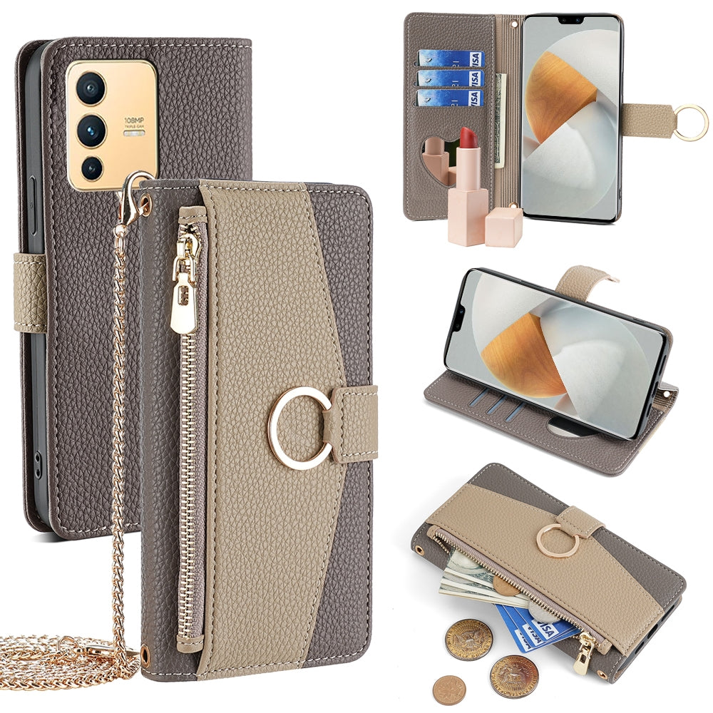 vivo V23 5G Crossbody Phone Case with Litchi Texture Leather, Adjustable Kickstand, Card Slots, Zipper Purse, Makeup Mirror, and TPU Protection