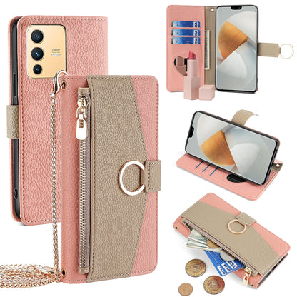 vivo S12 5G Crossbody Phone Case with Litchi Texture Leather, Adjustable Kickstand, Card Slots, Zipper Purse, Makeup Mirror, and TPU Protection