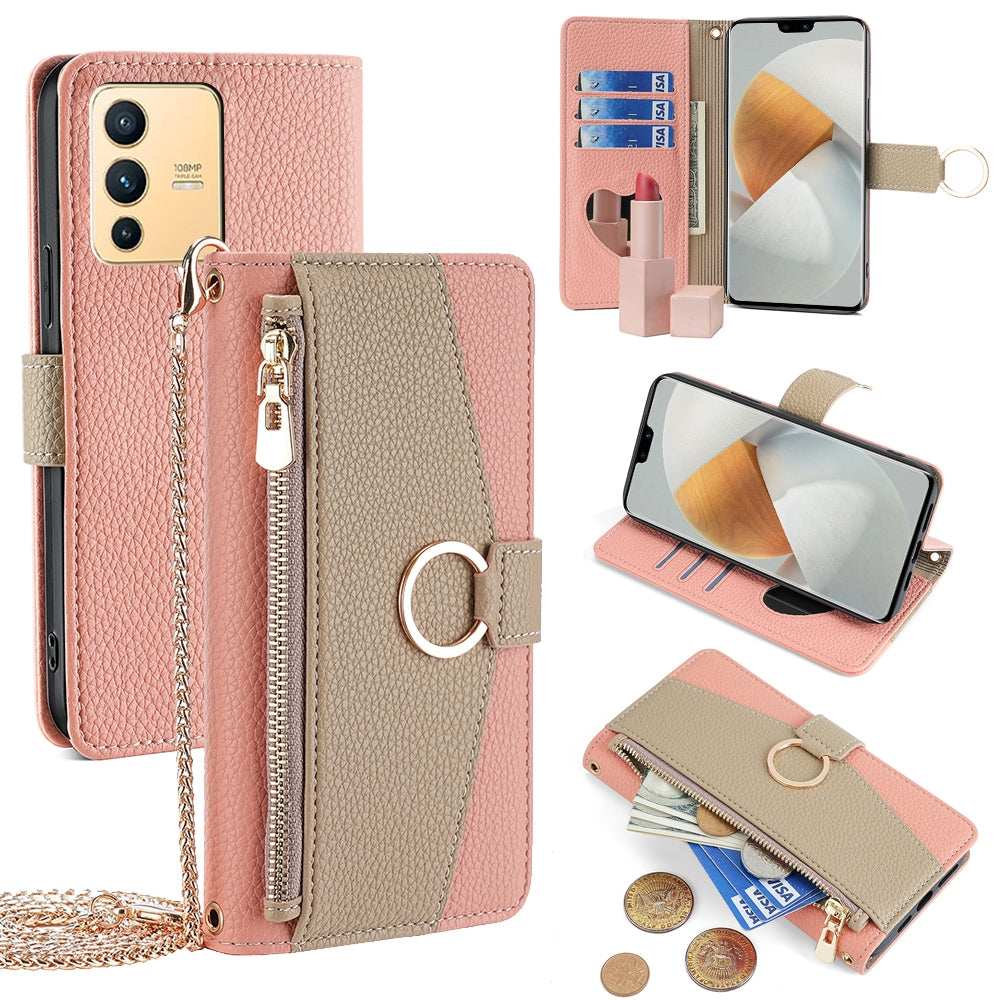 vivo V23 5G Crossbody Phone Case with Litchi Texture Leather, Adjustable Kickstand, Card Slots, Zipper Purse, Makeup Mirror, and TPU Protection