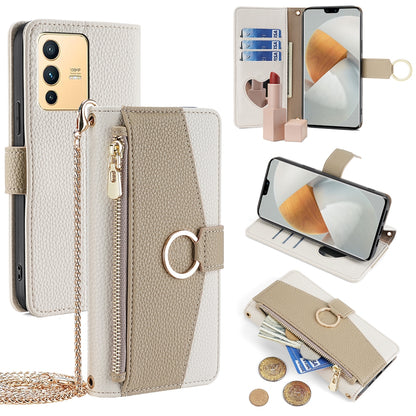 vivo S12 5G Crossbody Phone Case with Litchi Texture Leather, Adjustable Kickstand, Card Slots, Zipper Purse, Makeup Mirror, and TPU Protection