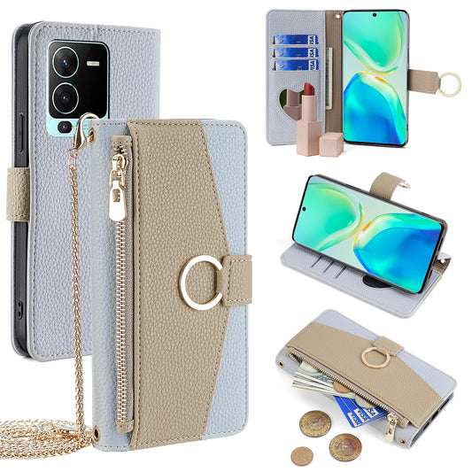 vivo S15 Pro 5G Crossbody Phone Case with Litchi Texture Leather, Adjustable Kickstand, Card Slots, Zipper Purse, Makeup Mirror, and TPU Protection