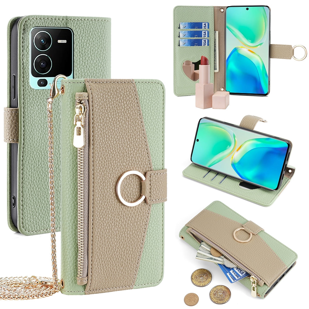 vivo S15 Pro 5G Crossbody Phone Case with Litchi Texture Leather, Adjustable Kickstand, Card Slots, Zipper Purse, Makeup Mirror, and TPU Protection