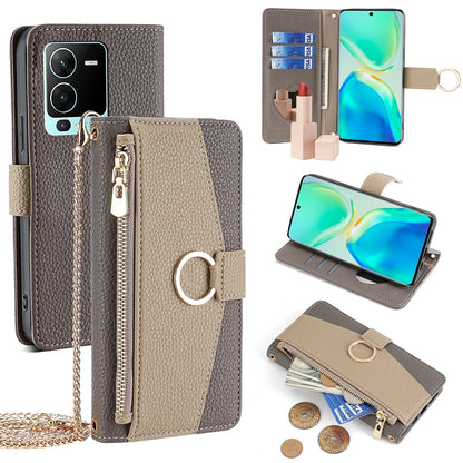 vivo S15 Pro 5G Crossbody Phone Case with Litchi Texture Leather, Adjustable Kickstand, Card Slots, Zipper Purse, Makeup Mirror, and TPU Protection