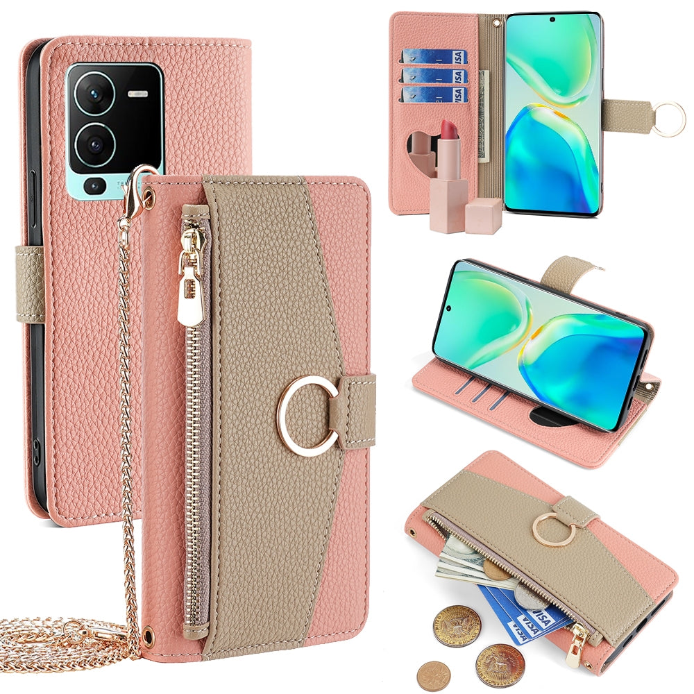 vivo S15 Pro 5G Crossbody Phone Case with Litchi Texture Leather, Adjustable Kickstand, Card Slots, Zipper Purse, Makeup Mirror, and TPU Protection