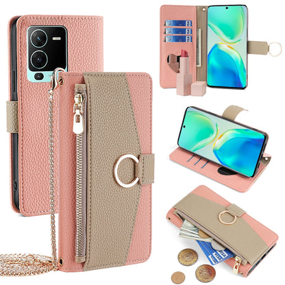 vivo S15 Pro 5G Crossbody Phone Case with Litchi Texture Leather, Adjustable Kickstand, Card Slots, Zipper Purse, Makeup Mirror, and TPU Protection