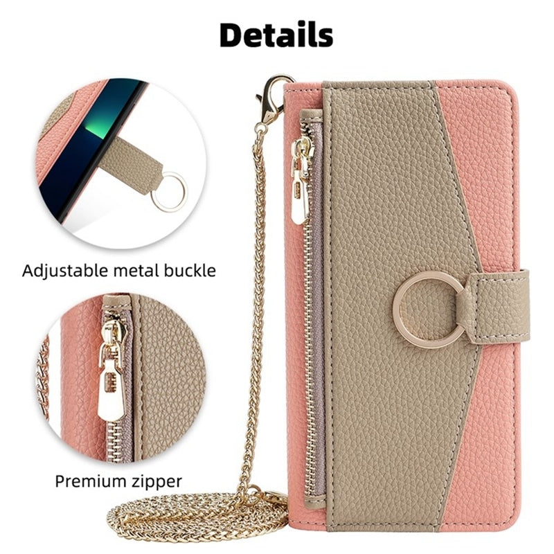 vivo S15 Pro 5G Crossbody Phone Case with Litchi Texture Leather, Adjustable Kickstand, Card Slots, Zipper Purse, Makeup Mirror, and TPU Protection