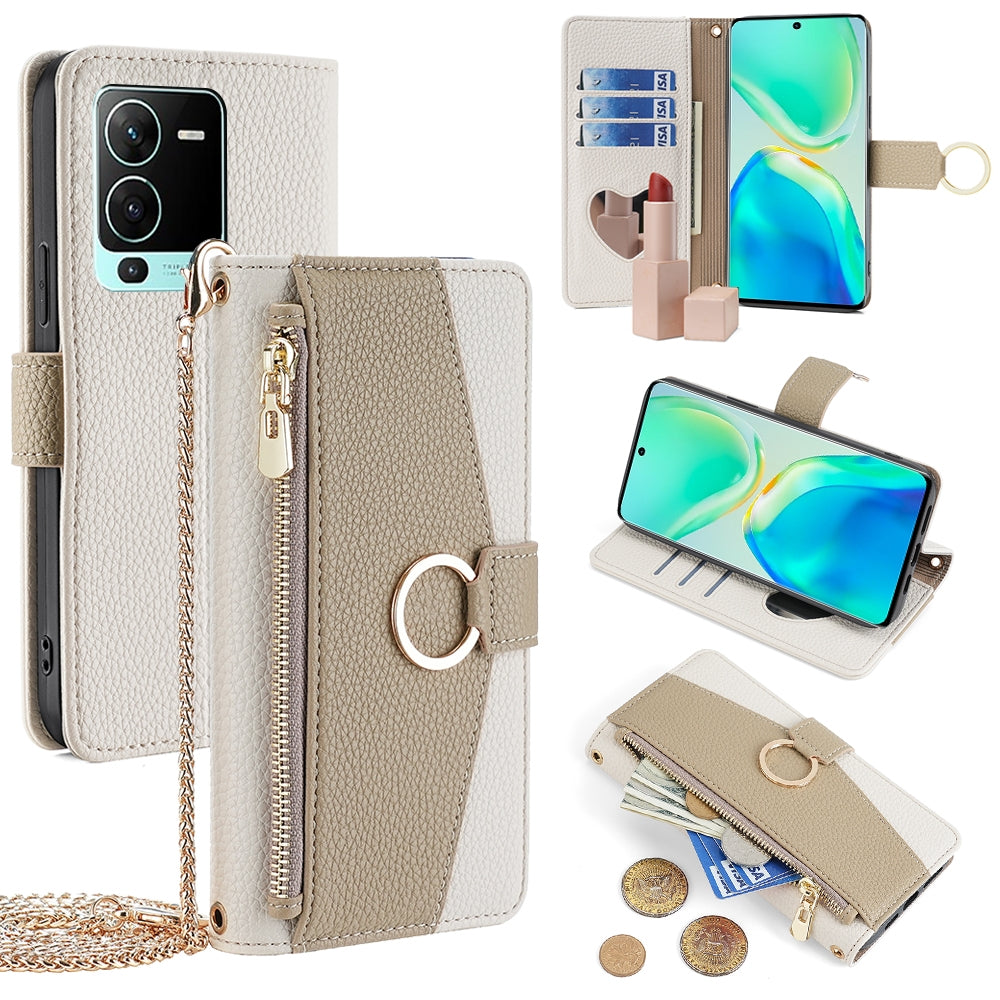 vivo S15 Pro 5G Crossbody Phone Case with Litchi Texture Leather, Adjustable Kickstand, Card Slots, Zipper Purse, Makeup Mirror, and TPU Protection