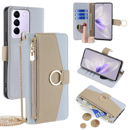 vivo S16e Crossbody Phone Case with Litchi Texture Leather, Adjustable Kickstand, Card Slots, Zipper Purse, Makeup Mirror, and TPU Protection