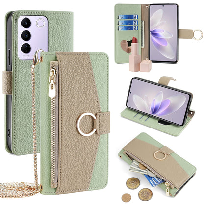 vivo S16e Crossbody Phone Case with Litchi Texture Leather, Adjustable Kickstand, Card Slots, Zipper Purse, Makeup Mirror, and TPU Protection
