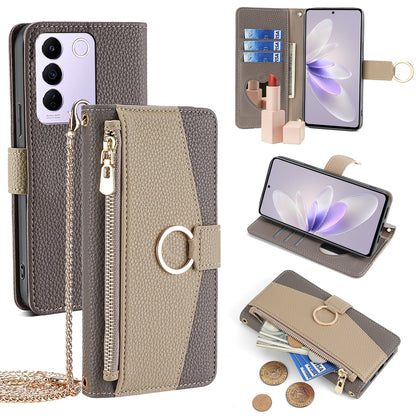 vivo S16e Crossbody Phone Case with Litchi Texture Leather, Adjustable Kickstand, Card Slots, Zipper Purse, Makeup Mirror, and TPU Protection