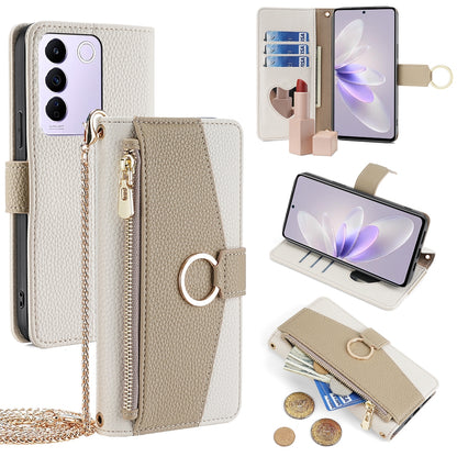 vivo S16e Crossbody Phone Case with Litchi Texture Leather, Adjustable Kickstand, Card Slots, Zipper Purse, Makeup Mirror, and TPU Protection